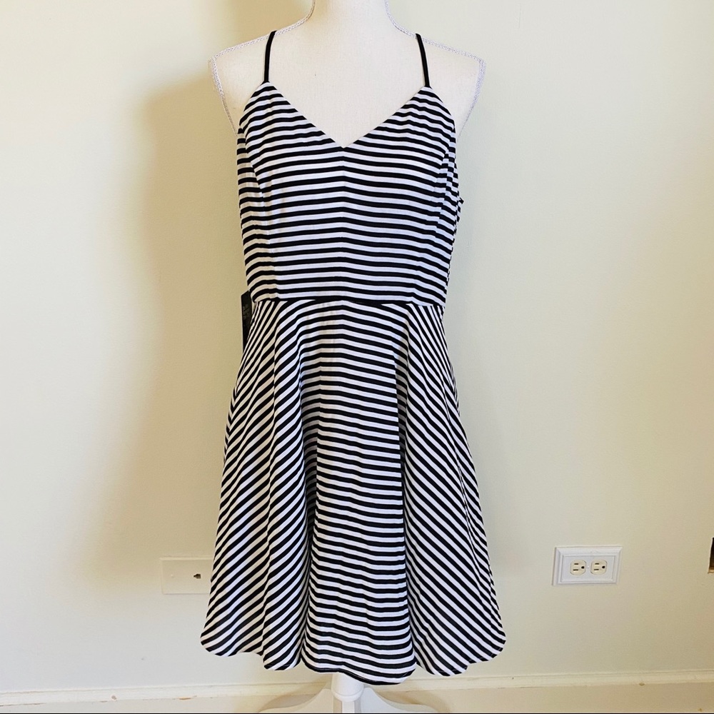 Express Black & White Striped V-neck Halter Dress